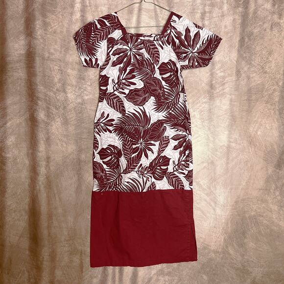 Hand Made Short Sleeve MuuMuu Dress Midi Floral Foliage Red White Short Sleeve - Picture 3 of 7